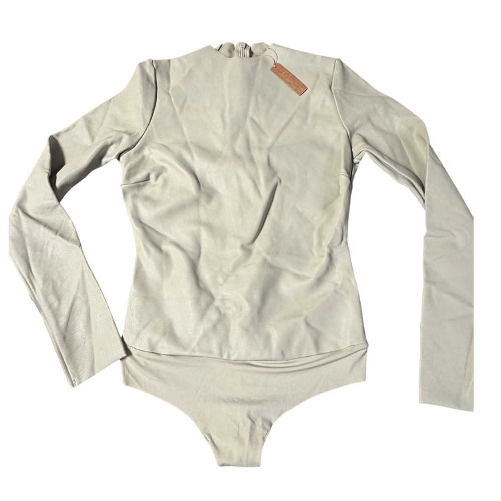SKIMS Faux Leather Mock Neck Long Sleeve Bodysuit Shell Beige Medium BS-MCK-0896